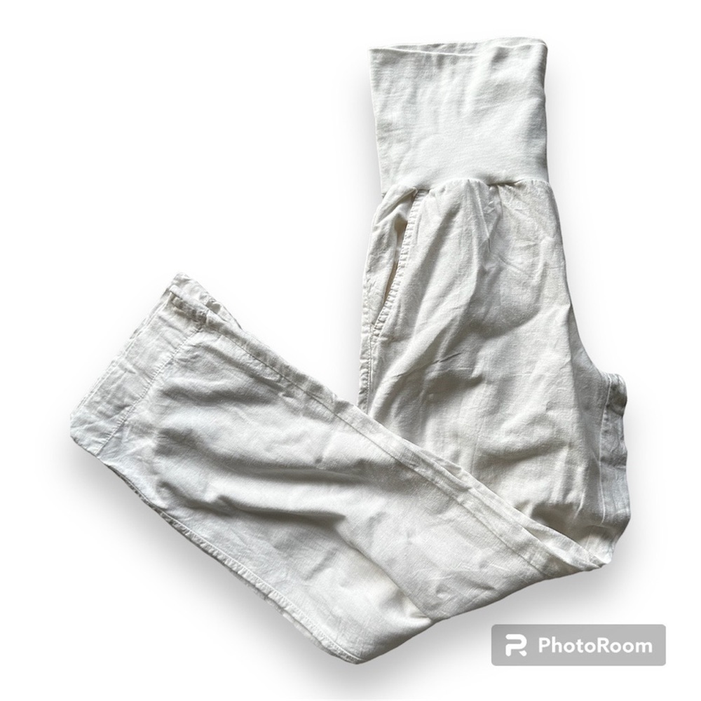 Maternity white Linen wide leg pants size 6 fold over waistband Beach Summer 